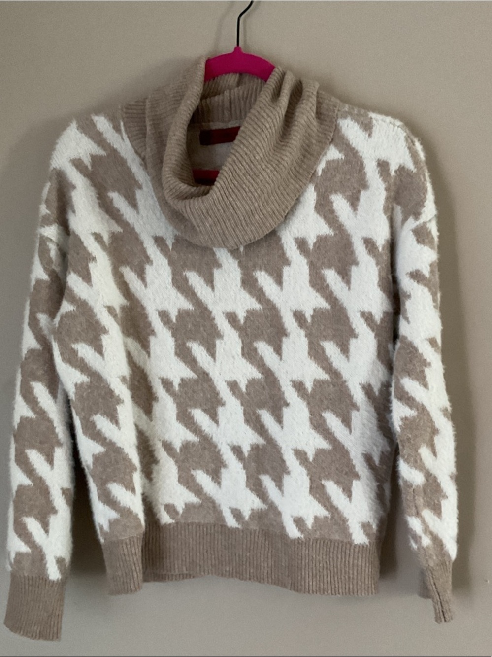 Cozy Houndstooth Cowl Neck Sweater in Cream and Taupe